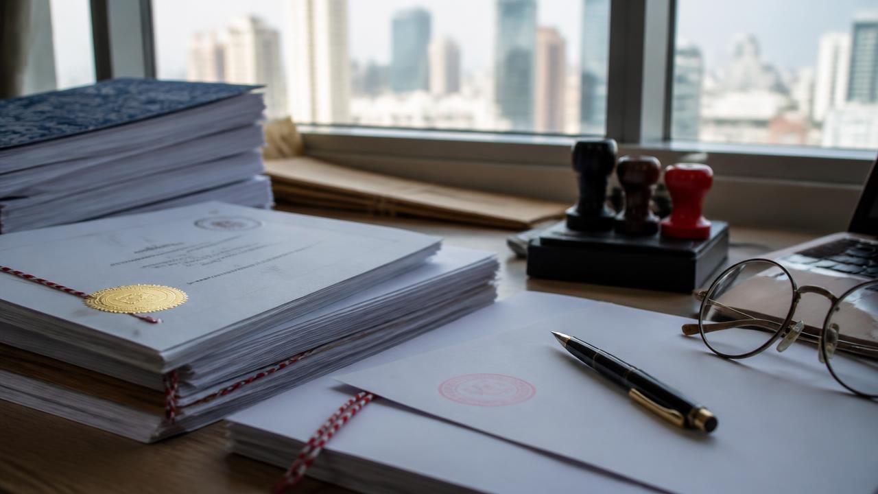 A document translator's desk with certified papers, a rubber stamp and a pen on a wooden surface