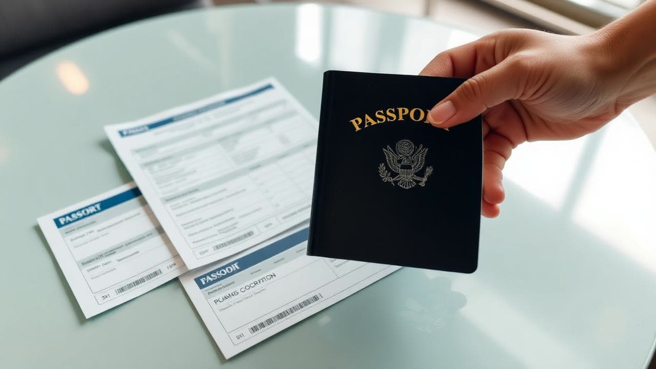 A hand holding a passport above visa application forms on a glass table in a departure lounge