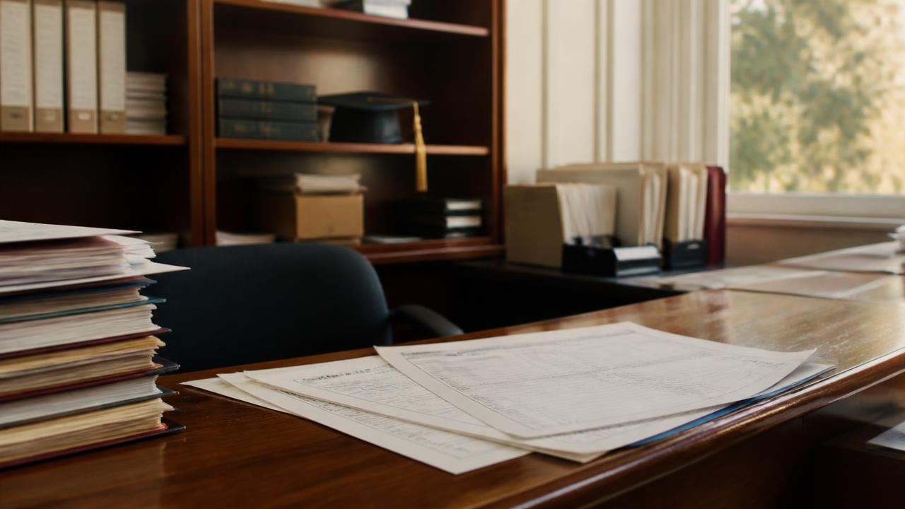 A university registrar desk with academic transcripts and a graduation cap on the shelf behind