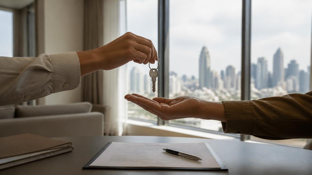 Condominium keys handed over above a signed sale contract with a city view behind