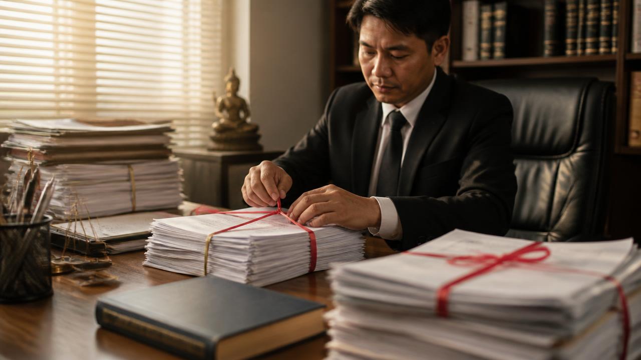 A law office with case files tied in red string on a wooden desk and law books on the shelves behind
