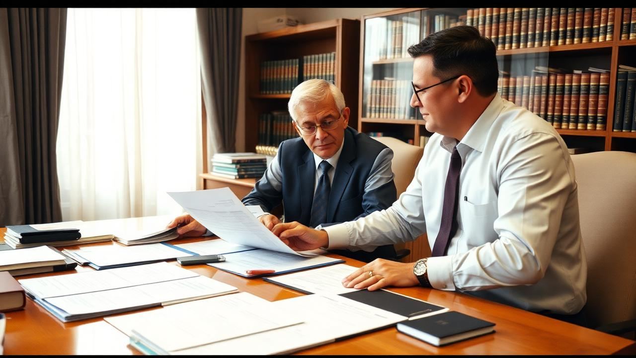 A senior consultant explaining certified documents to a client at a desk with reference volumes behind