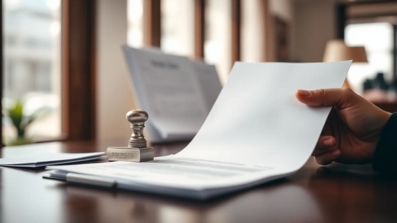 A translator's hands placing a certification stamp on a document at a sunlit Bangkok office desk
