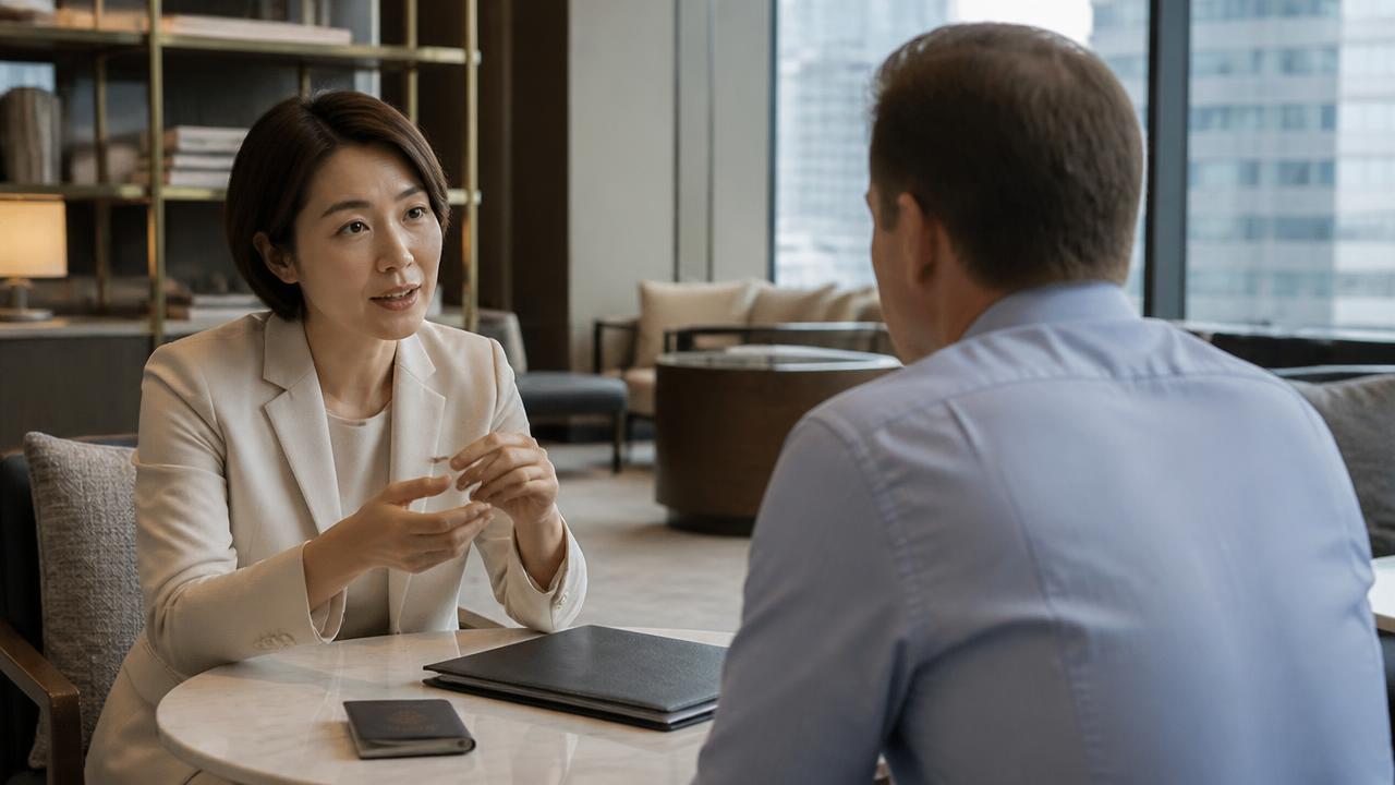 A female consultant advising a foreign client in an office meeting lounge