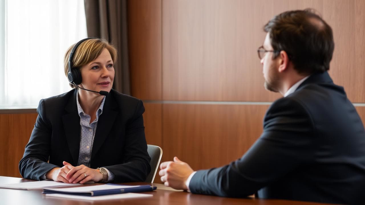 An interpreter wearing a headset speaking with meeting participants in a wood-panelled room